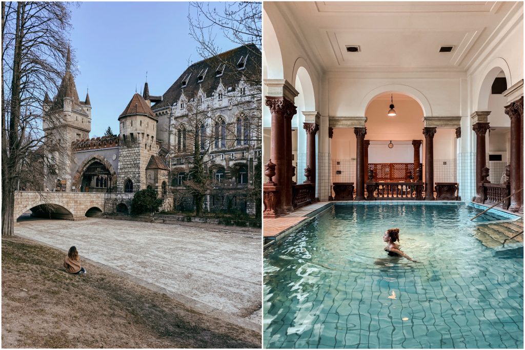 Collage: bagni Szécheny e Castello Vajdahunyad