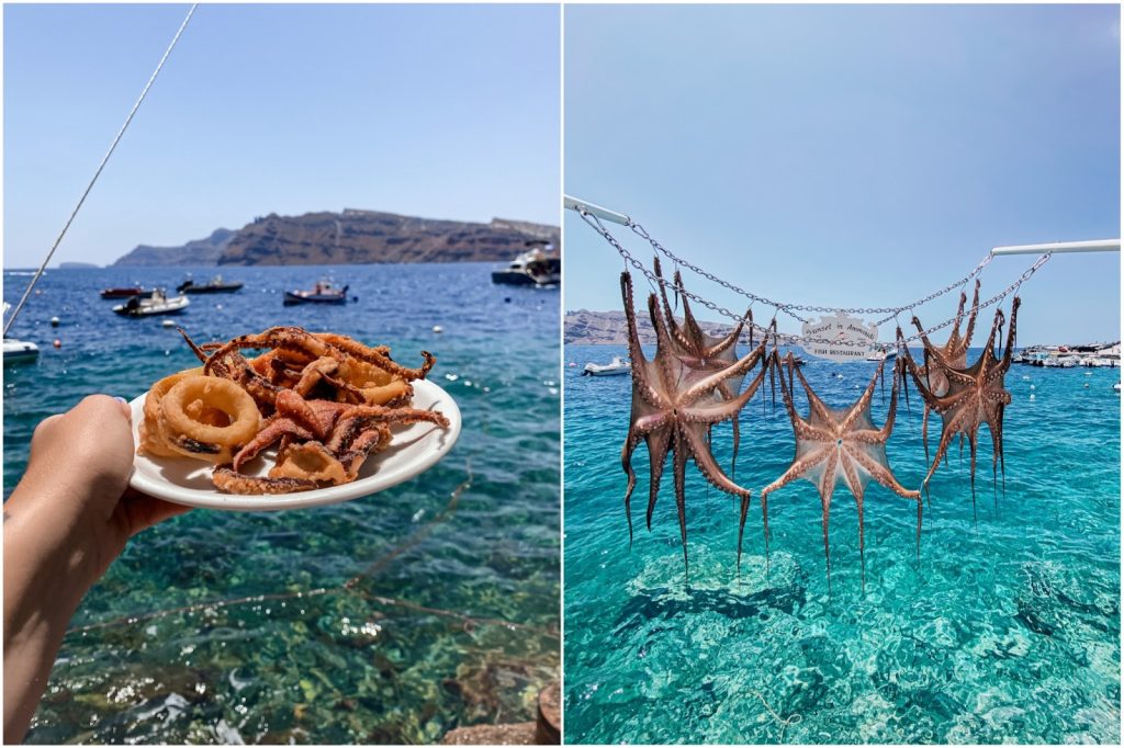 Polpi appesi ad Ammoudi Bay e frittura di calamari